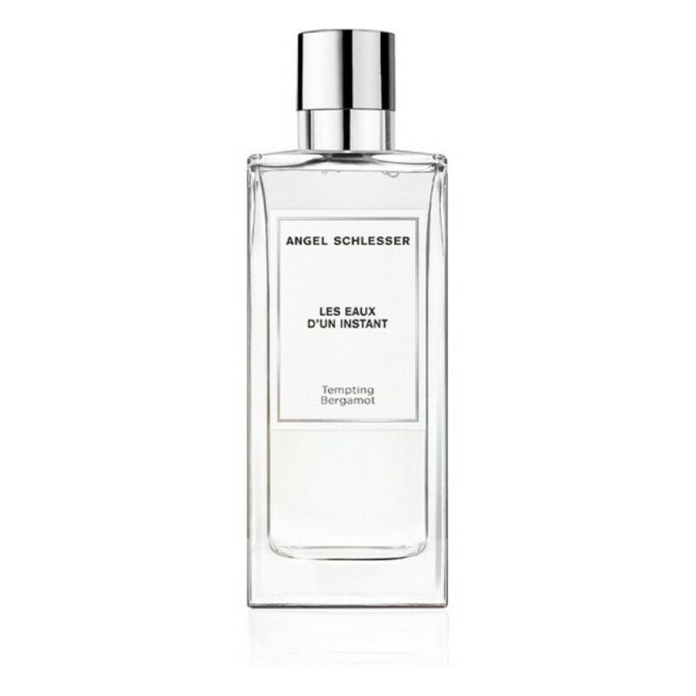 Rechteckige Glasflasche mit silbernem Verschluss. Aufschrift: Angel Schlesser, Les Eaux d'Un Instant, Tempting Bergamota.