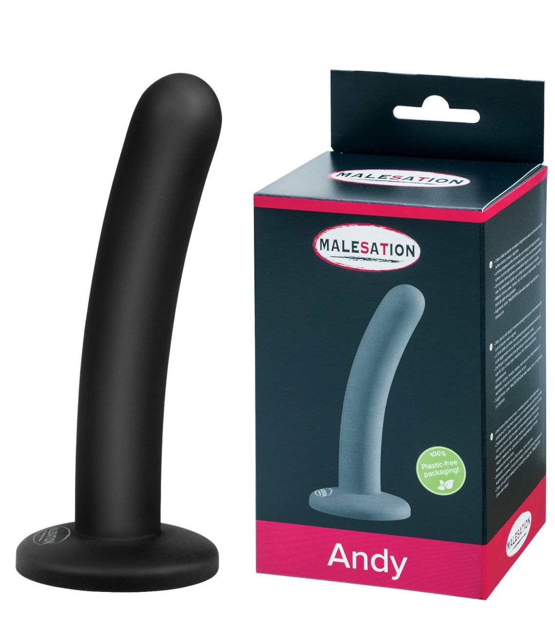 Schwarzer Dildo neben MALESATION-Verpackung. Verpackung mit Produktabbildung und Schriftzug Andy. Produkt aus Silikon.