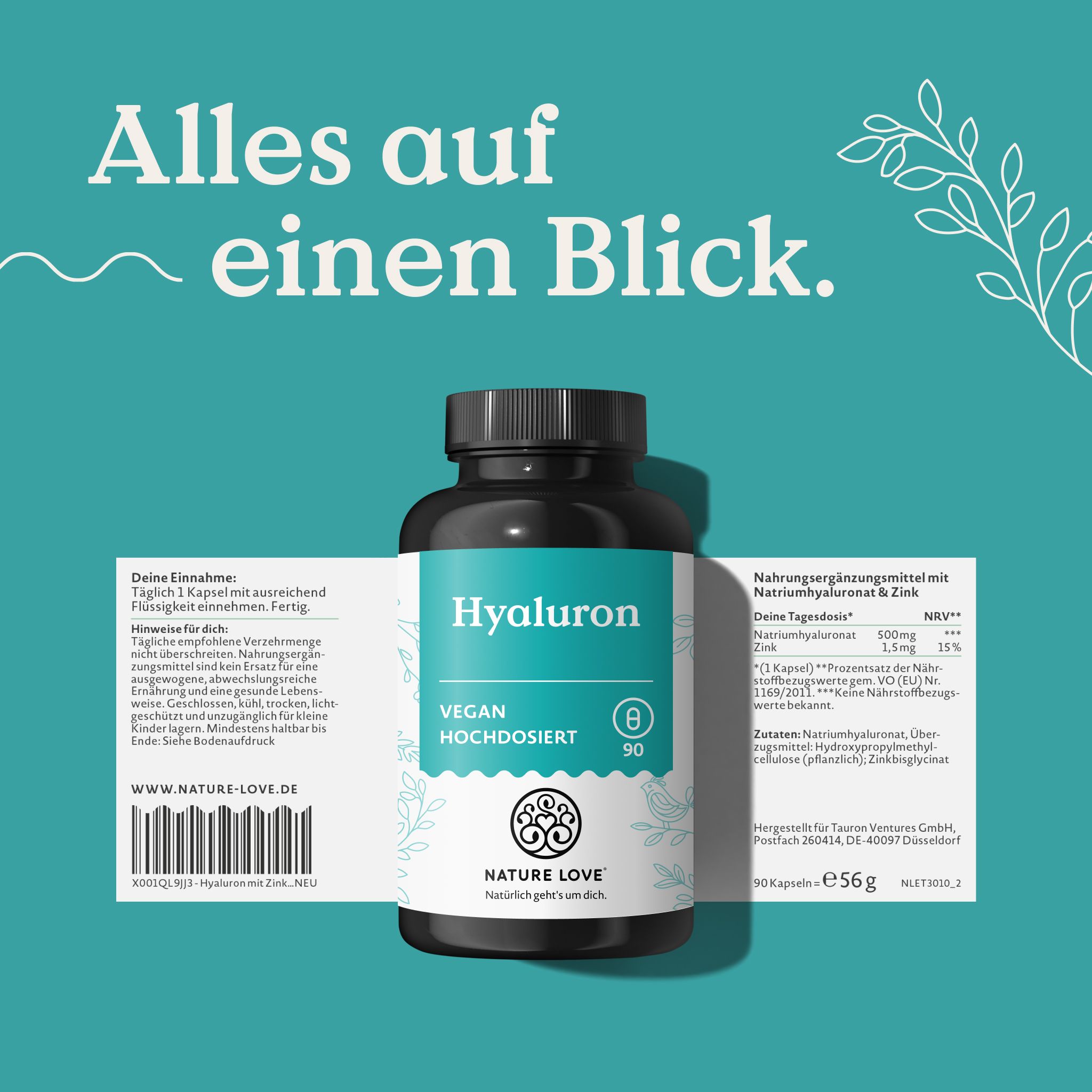 Flasche mit Hyaluron-Kapseln und Etiketten. Text: Alles auf einen Blick. Nährwertangaben.