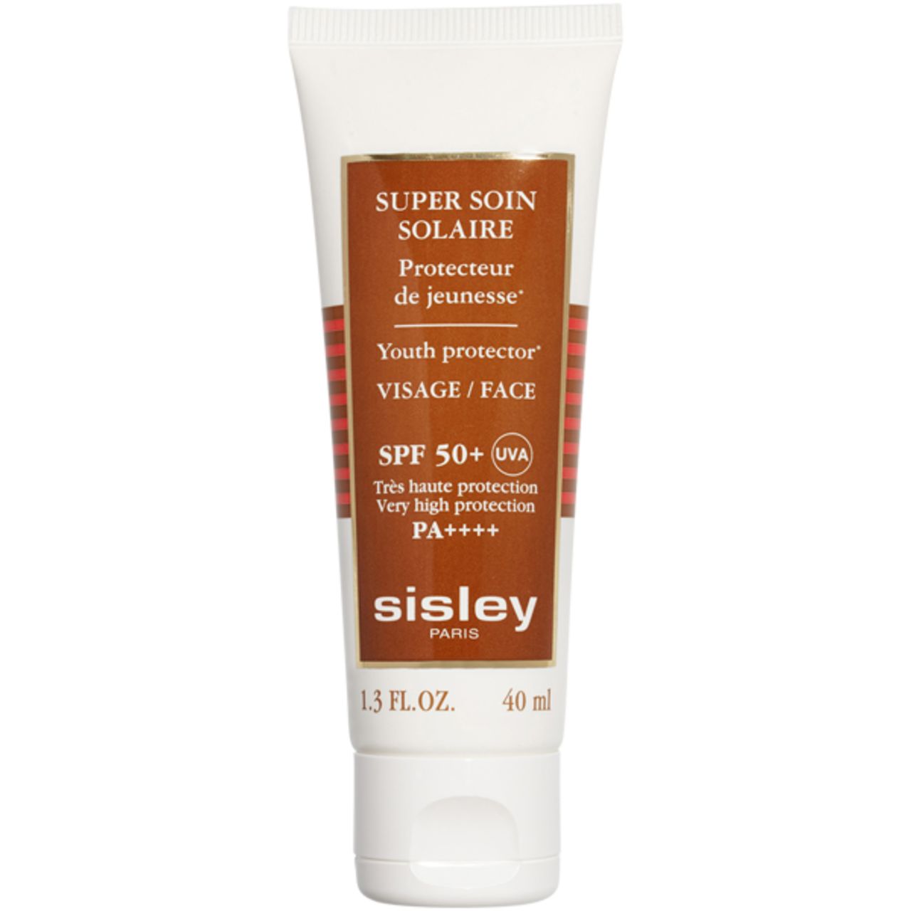Weiße Tube mit braunem Etikett. Aufschrift: SUPER SOIN SOLAIRE, SPF 50+, sisley. 40 ml.