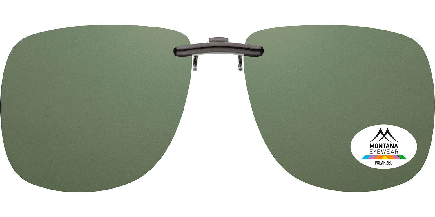 Clip-on-Sonnenbrille mit grünen Gläsern. Aufkleber: Montana Eyewear, polarisiert. Schwarzer Rahmen.