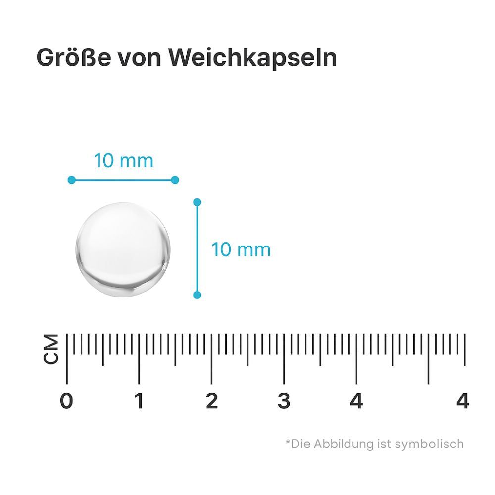 Nahaufnahme einer Kapsel mit Maßangaben. Durchmesser 10 mm. Text: Größe von Weichkapseln.