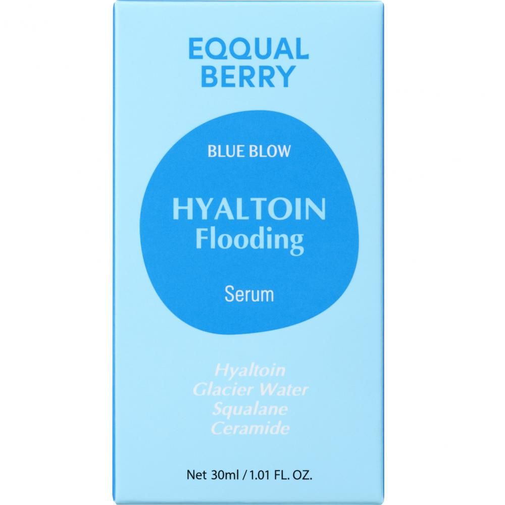 Verpackung für EQQUAL BERRY HYALTOIN Flooding Serum, 30ml. Enthält Hyalitoin, Gletscherwasser, Squalane, Ceramide.