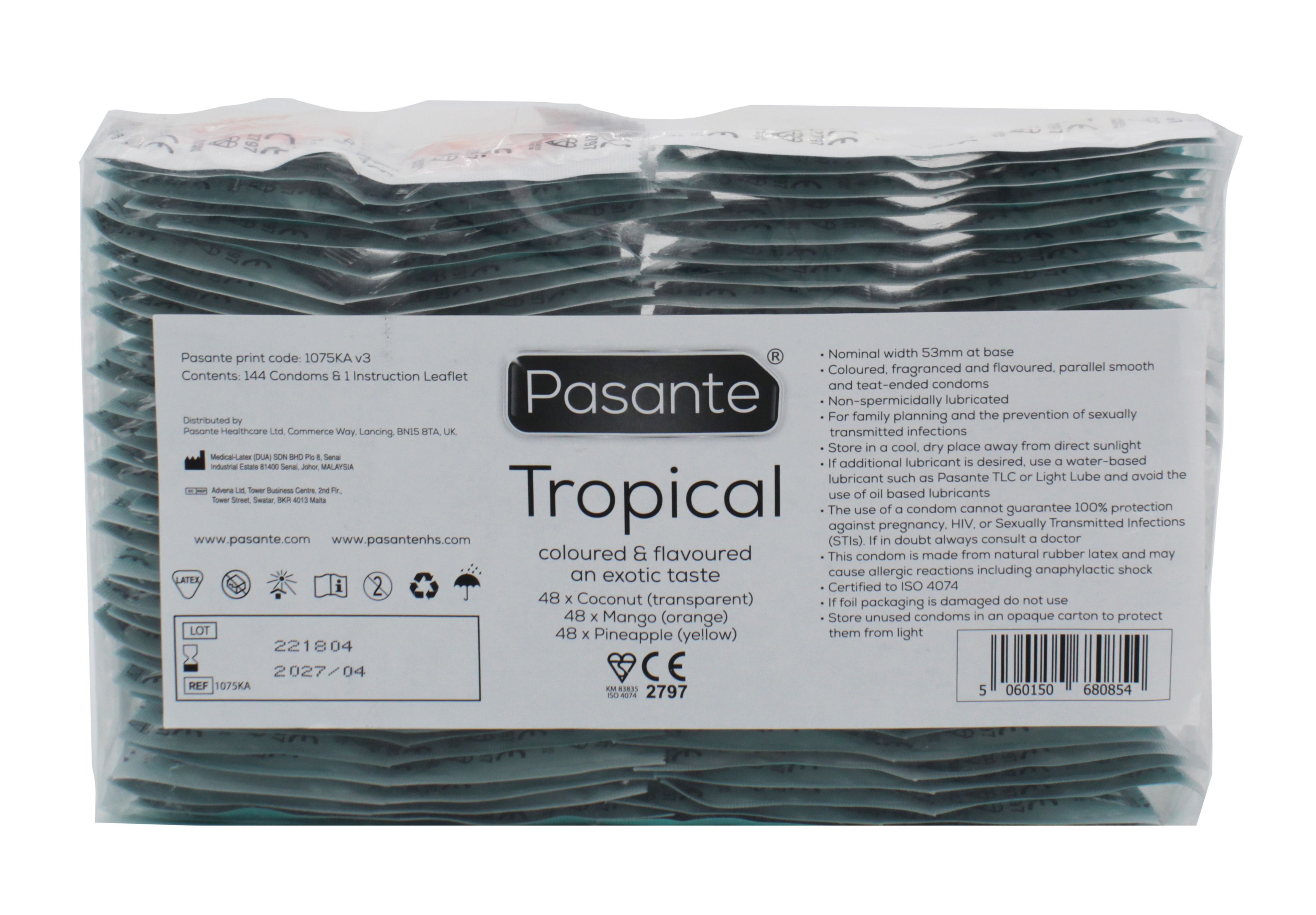 Verpackung mit Kondomen "Pasante Tropical". Enthält 144 Kondome. Aufschrift: "Tropical coloured & flavoured an exotic taste". CE-Kennzeichnung.