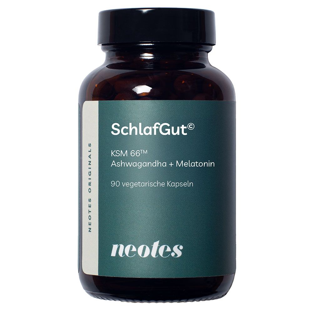 Braune Glasflasche mit schwarzem Deckel. Etikett mit "SchlafGut", "KSM 66 Ashwagandha + Melatonin" und "90 vegetarische Kapseln".