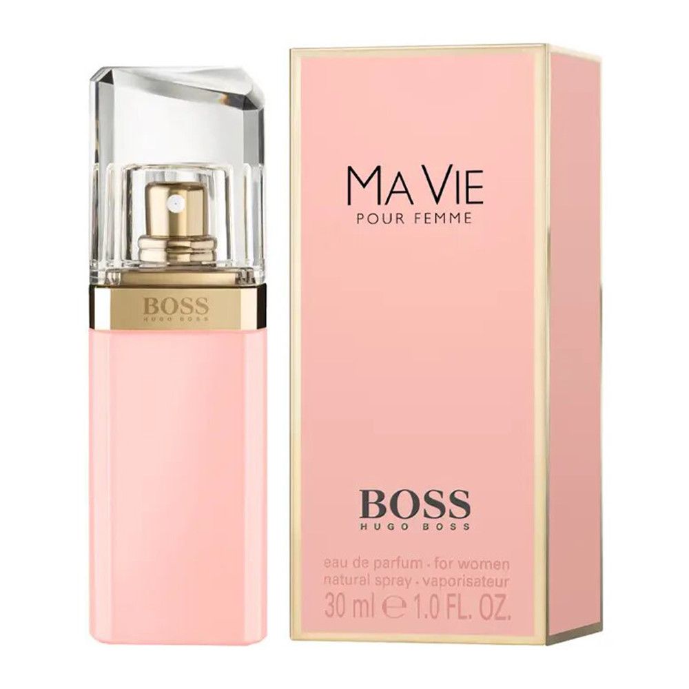 Rosa Flakon mit goldfarbenem Verschluss und Karton. Aufschrift: BOSS Ma Vie Pour Femme. 30 ml.