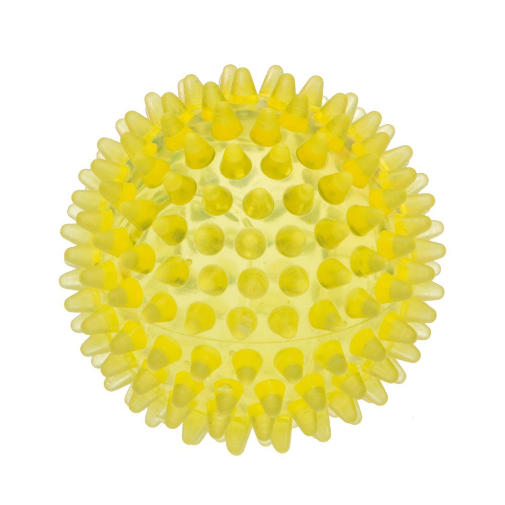 Gelber, transparenter Igelball mit Noppen. Kugelform.