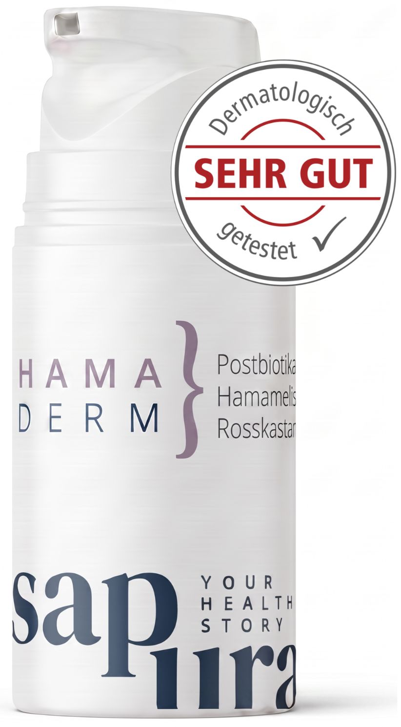 Weiße Flasche mit Pumpspender und Siegel 'Dermatologisch SEHR GUT getestet'.
