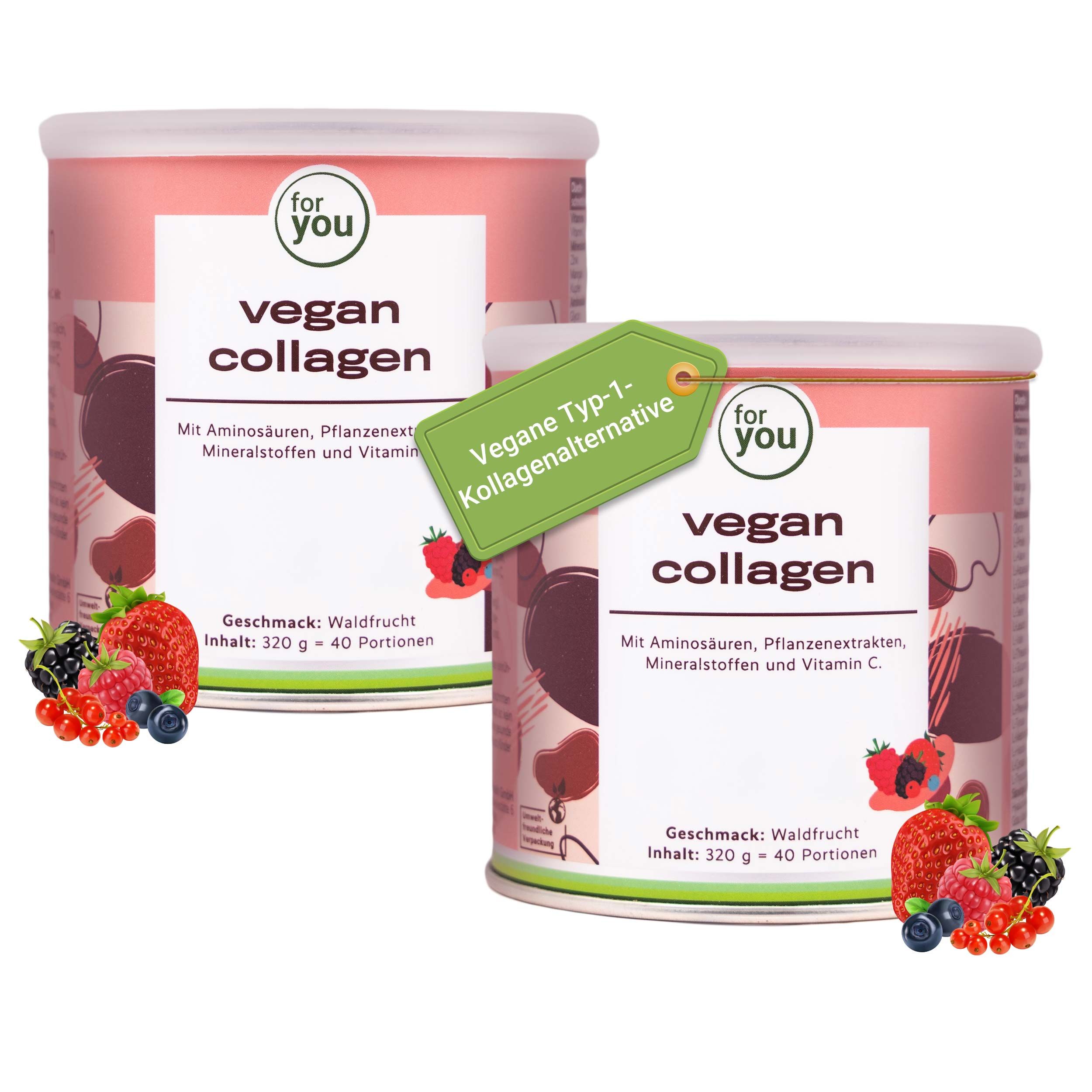 Zwei Dosen 'Vegan Collagen'. Text: 'Vegane Typ-1-Kollagenalternative'. Aufschrift 'Geschmack: Waldfrucht'. Beerenfrüchte abgebildet.