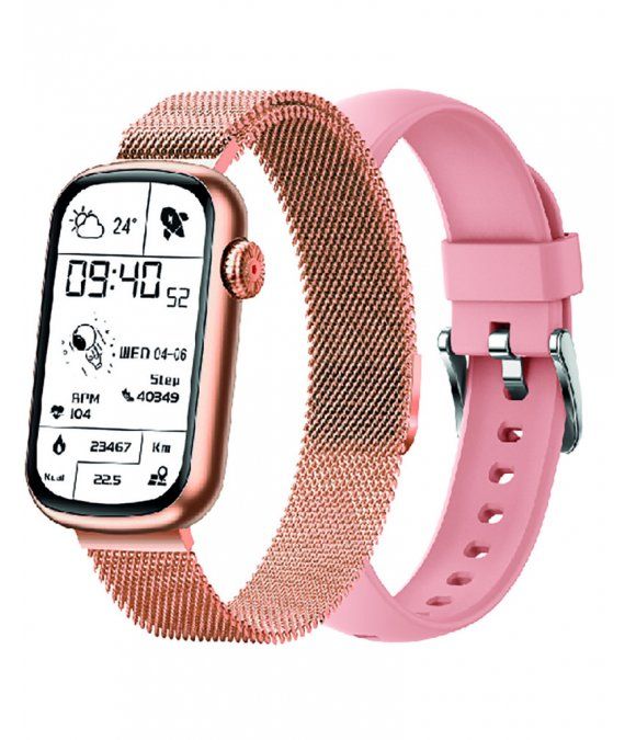 Smartwatch mit roségoldfarbenem Gehäuse und zwei Armbändern: Mesh und rosa Silikon. Display mit Uhrzeit und Fitnessdaten.