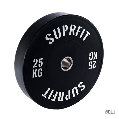 Schwarze Hantelscheibe mit weißem Logo. Aufschrift: SUPRfit, 25 KG.
