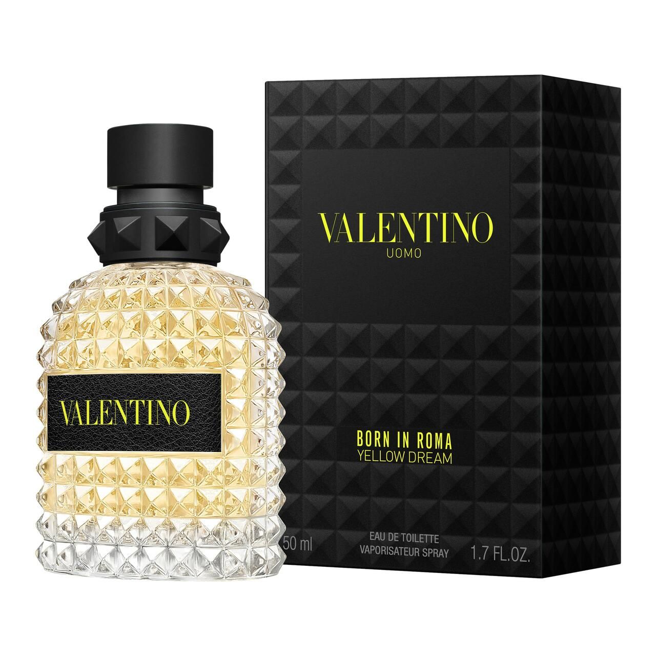 Valentino Uomo Born In Roma Yellow Dream Flakon und Verpackung. Schwarze Verpackung mit gelbem Schriftzug. Flakon mit Noppenmuster.