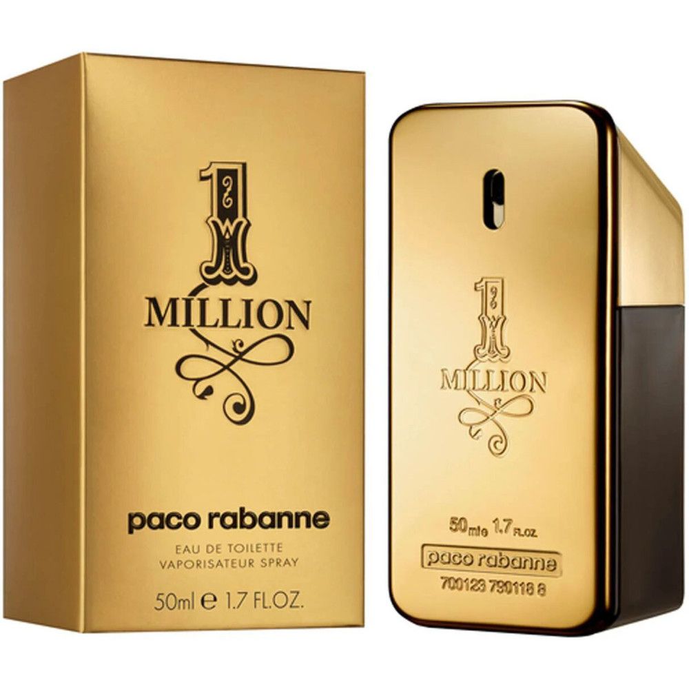 Goldfarbener Flakon und Verpackung. Aufschrift: 1 Million, Paco Rabanne. Eau de Toilette, 50ml.