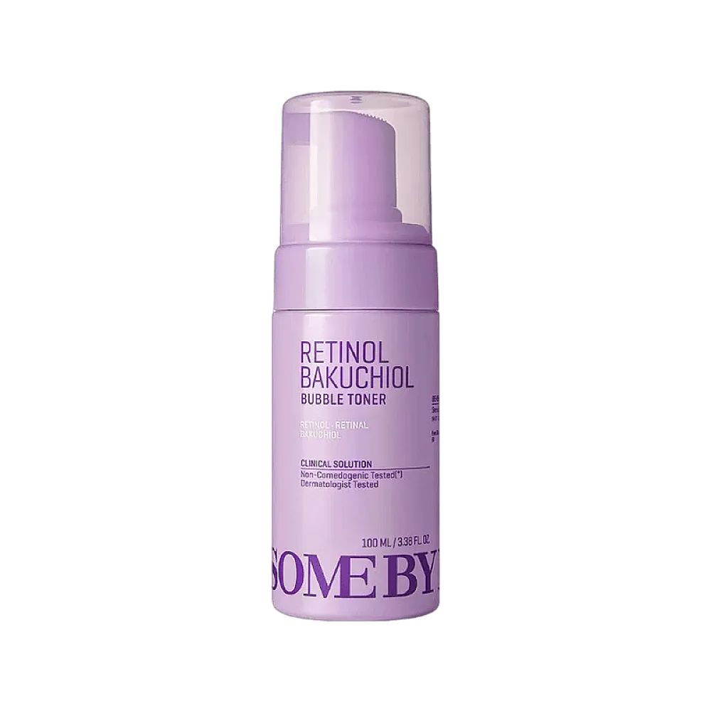 Lila Flasche mit SOME BY MI Retinol Bakuchiol Bubble Toner, 100 ml.