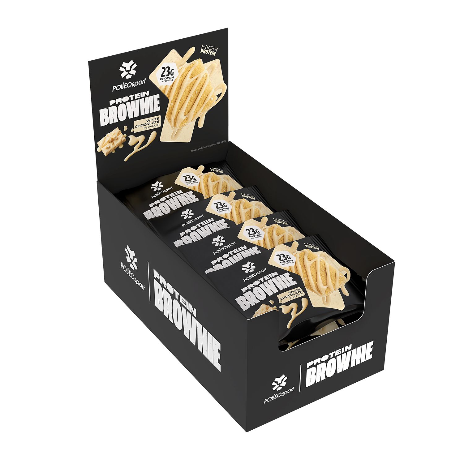 Schwarzer Karton mit Protein Brownie-Riegeln. Aufdruck: PolleoSport, Protein Brownie, 23g Protein. Geöffnete Verpackung mit Riegeln.