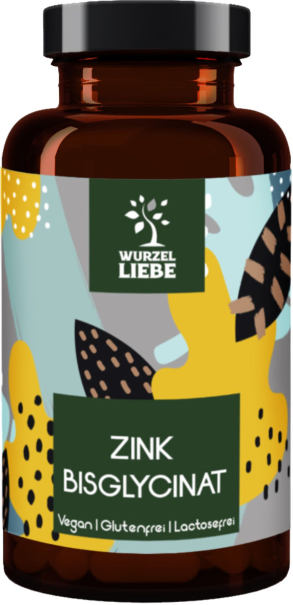 Braune Flasche mit Etikett. Aufschrift: Zink Bisglycinat. Vegan, glutenfrei, laktosefrei. Marke: WURZELLIEBE. Farben: Gelb, Blau, Grün.