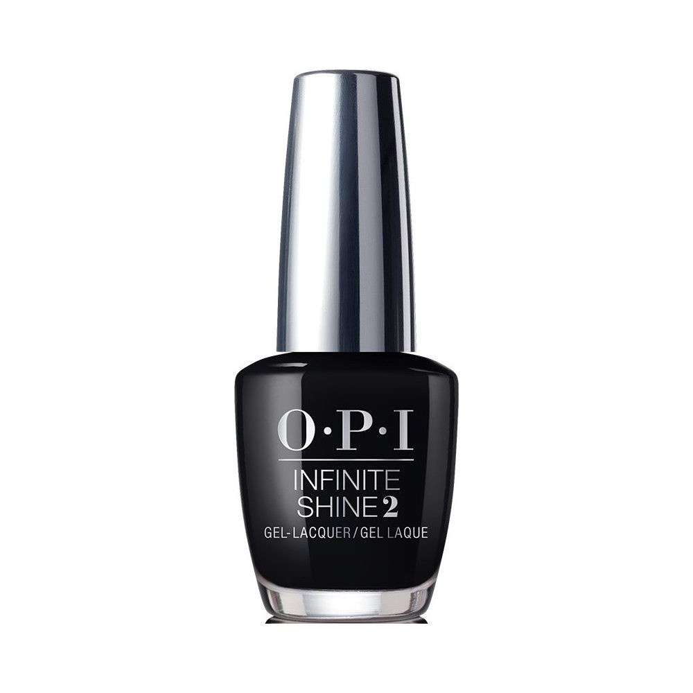 Schwarzer Nagellackflakon mit silbernem Deckel. OPI Infinite Shine 2.