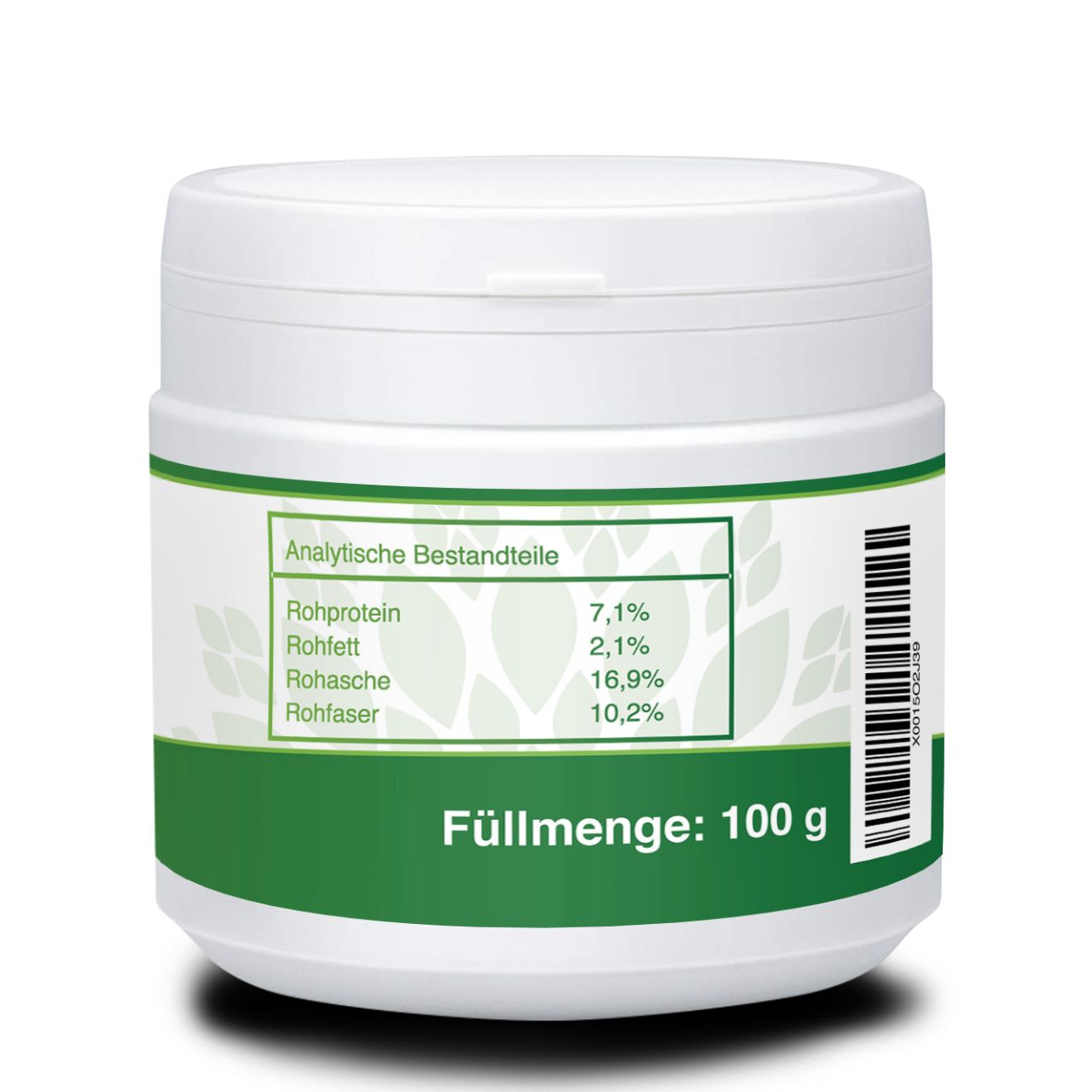 Weißer Behälter mit grünem Etikett. Text: Analytische Bestandteile, Rohprotein, Rohfett, Rohasche, Rohfaser. Füllmenge: 100 g. Barcode.