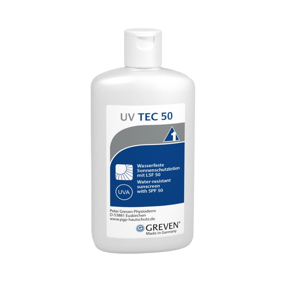 Weiße Flasche GREVEN® UV TEC 50 Sonnenschutzlotion mit LSF 50. Blaue Beschriftung mit Produktinformationen. Wasserfest.