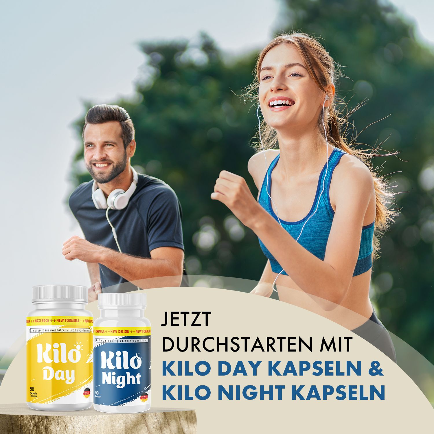 Mann und Frau joggen, neben Kilo Day und Kilo Night Kapseln. Text: "JETZT DURCHSTARTEN MIT KILO DAY KAPSELN & KILO NIGHT KAPSELN".