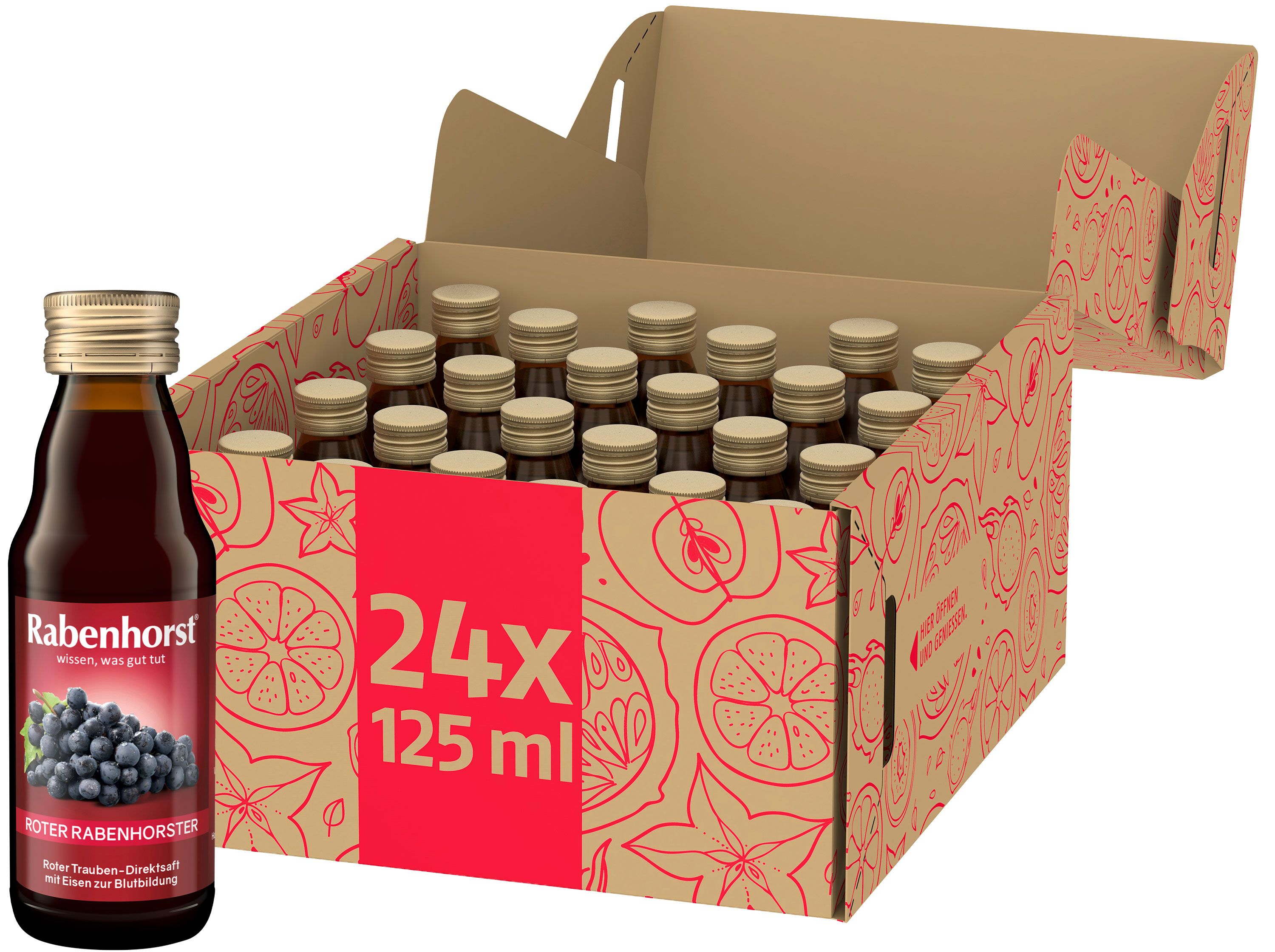 Mini-Flasche und Karton mit 24 Flaschen. Roter Rabenhorster, Etikett mit Trauben-Abbildung. Karton mit Fruchtmuster.