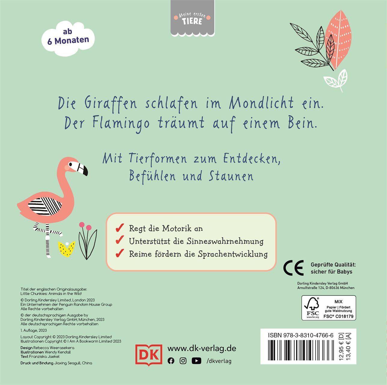 Rückseite des Buches "Meine ersten Tiere". Text, Flamingo-Illustration, Logos, ISBN-Code und Zertifizierungen.