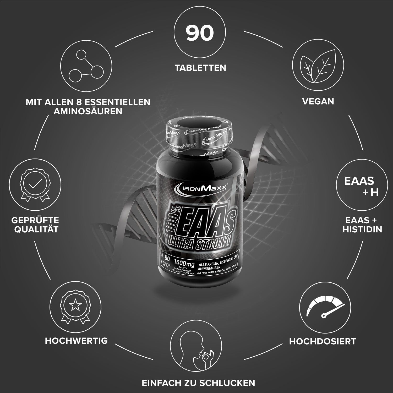 Detaillierte Nährwerttabelle für IronMaxx 100% EAAs Ultra Strong Neutral, inklusive Zutatenliste.
