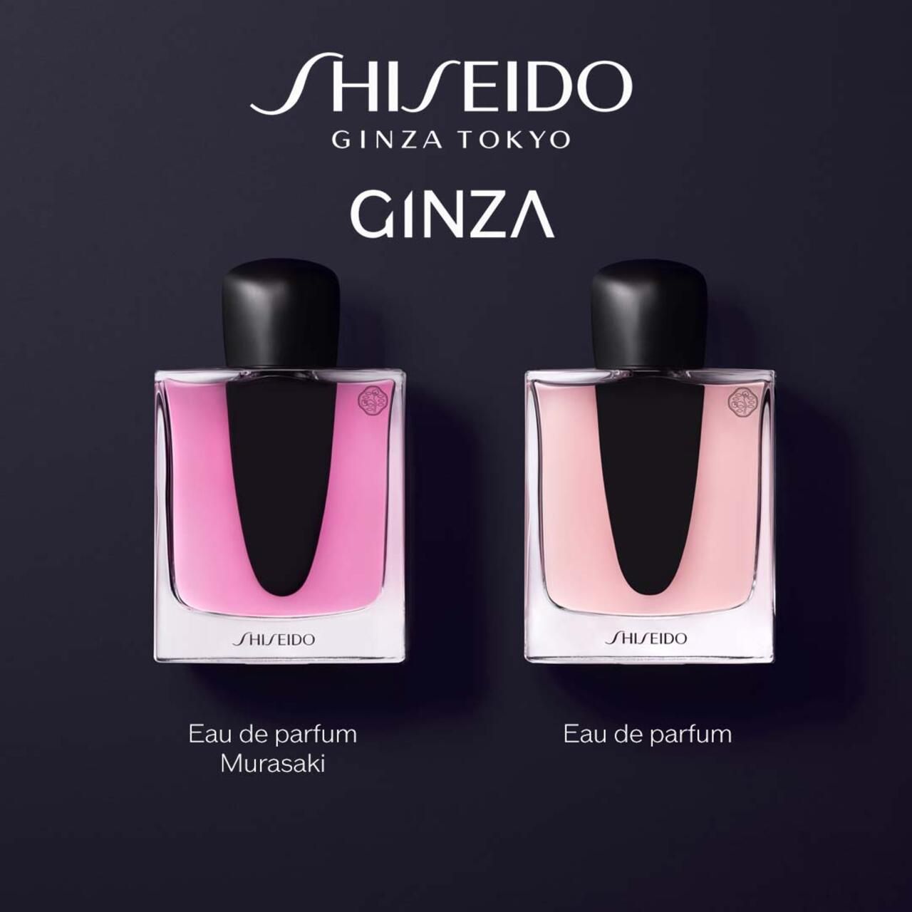 Zwei Flakons mit schwarzem Verschluss. Aufschrift: SHISEIDO GINZA TOKYO GINZA. Eau de parfum Murasaki und Eau de parfum.