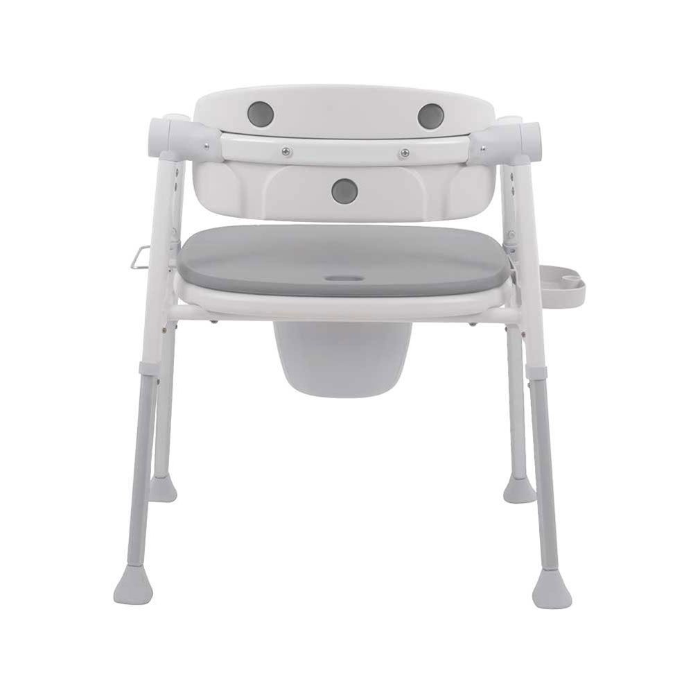 Toilettenstuhl mit weißem Rahmen, grauem Sitz und Rückenlehne. Höhenverstellbare Beine. Eimer unter dem Sitz.