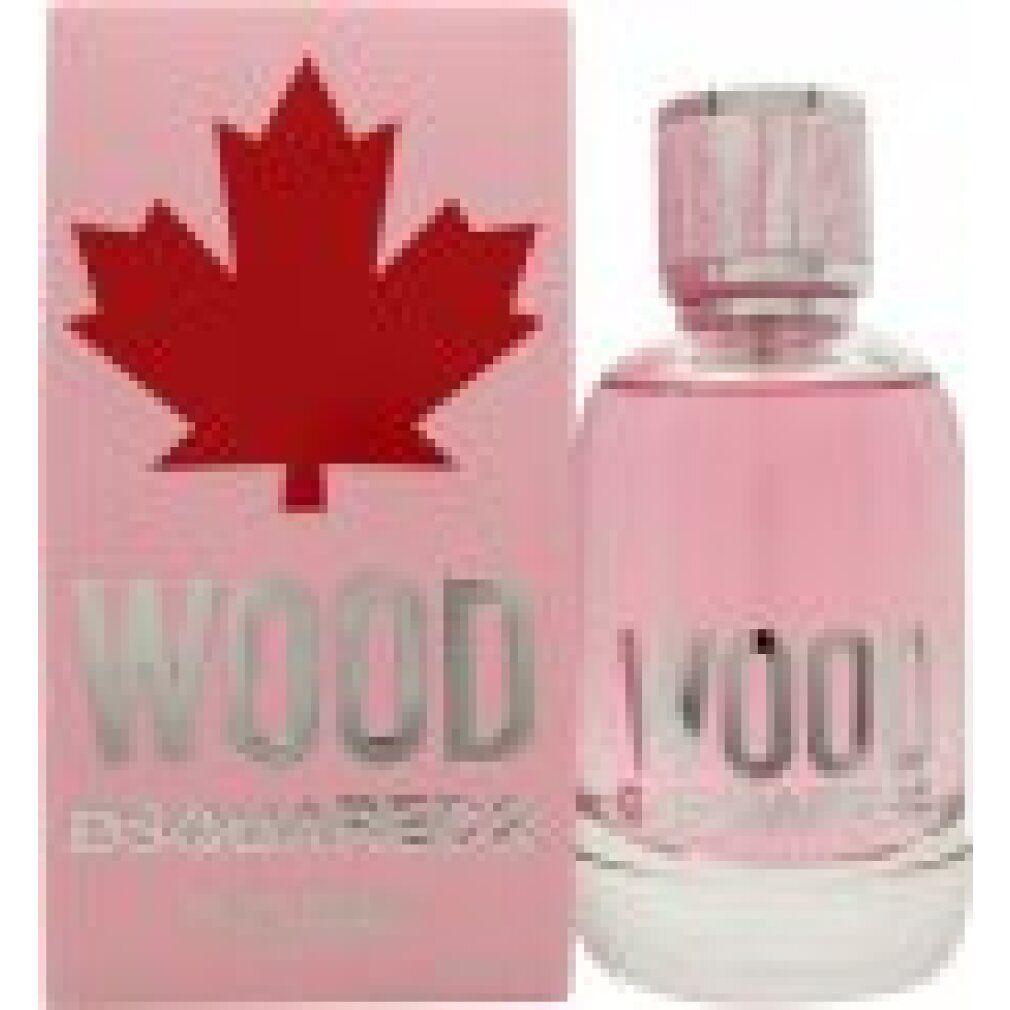 Rosa Verpackung und Parfümflasche. Aufschrift WOOD DSQUARED2. Rotes Ahornblatt. Rosa Deckel mit Holzoptik.