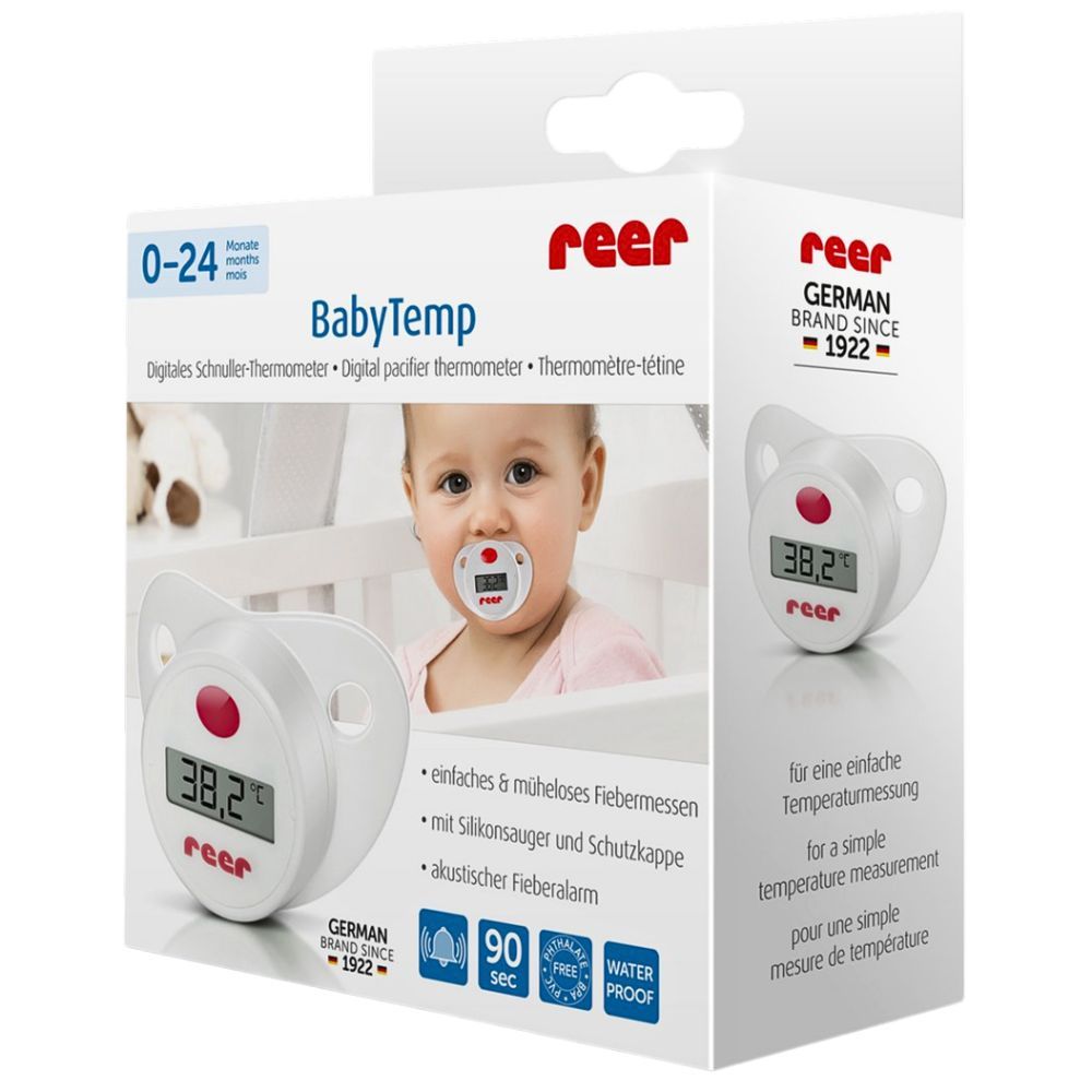 Verpackung für BabyTemp Schnuller-Fieberthermometer. Produkt und Baby im Kinderbett abgebildet. Marke: reer.