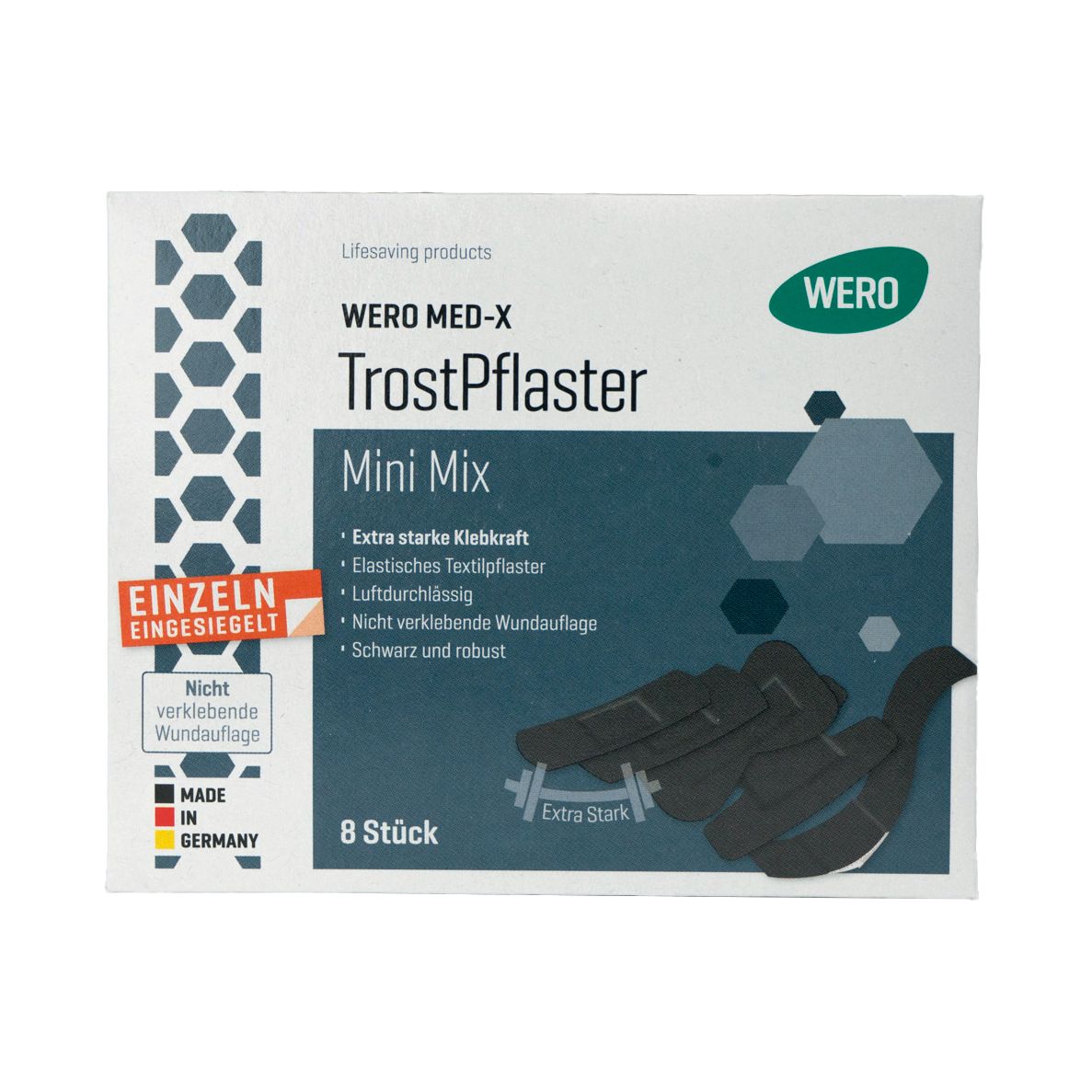 Verpackung von WERO MED-X TrostPflaster Mini Mix. Enthält 8 Stück. Einzeln versiegelt. Schwarze Pflaster abgebildet.