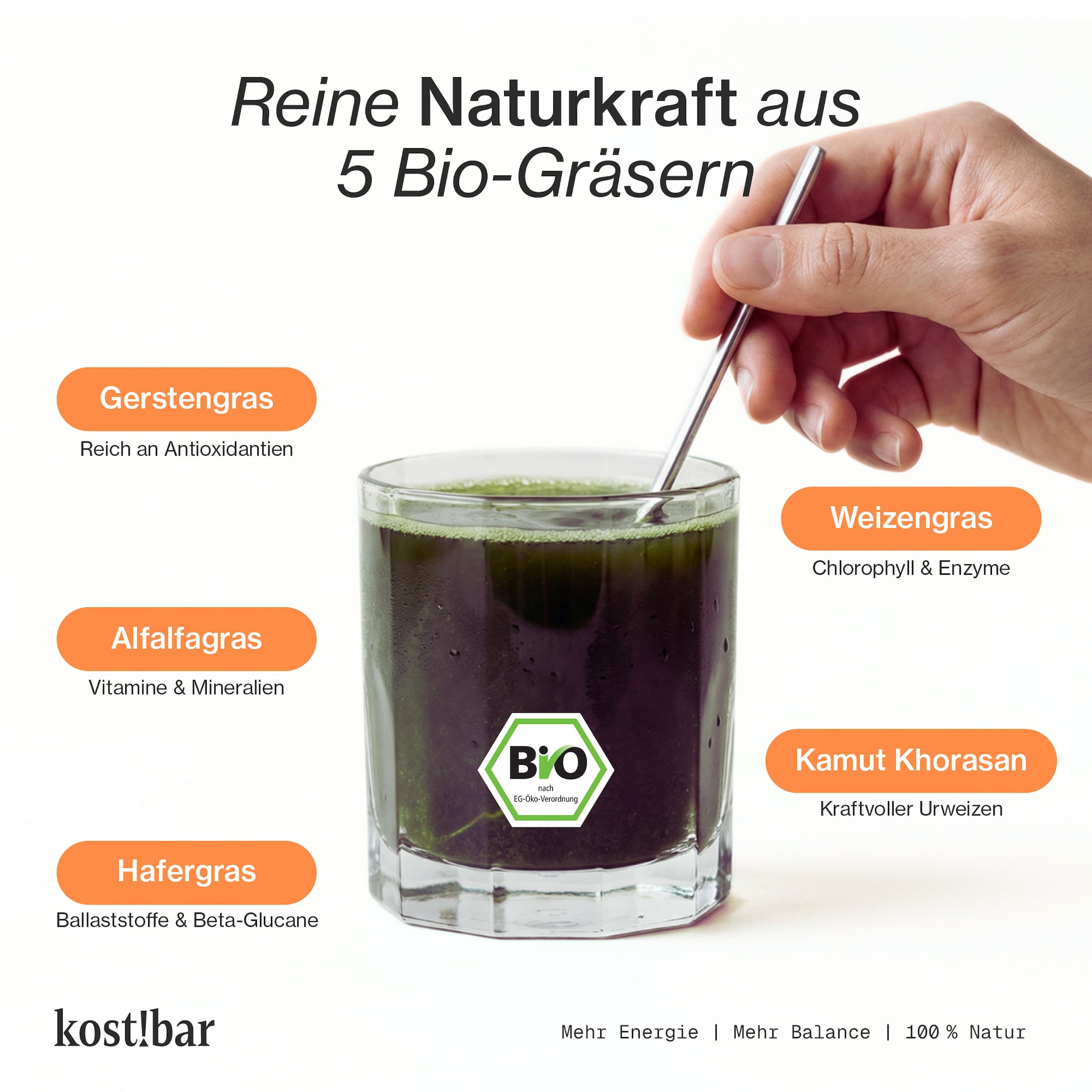 Glas mit grünem Getränk. Hand mit Löffel. Text: Reine Naturkraft aus 5 Bio-Gräsern. Marke: kost!bar. BIO-Siegel.
