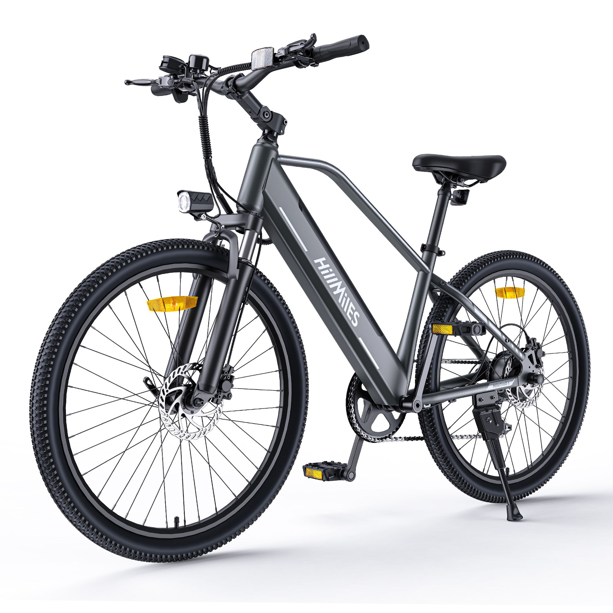 Elektrofahrrad mit grauem Rahmen. Schwarze Reifen, Sattel und Lenker. Auf dem Rahmen steht "HillMiles".