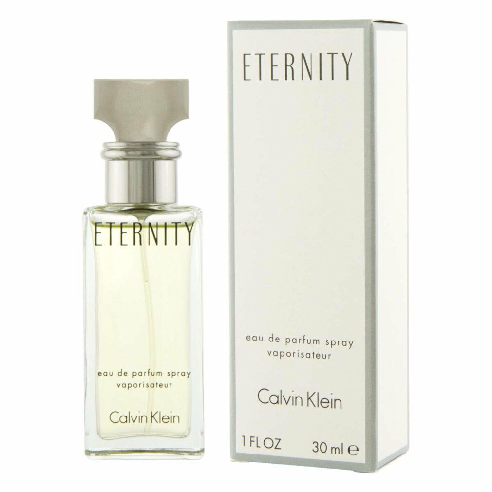 Parfümflasche und Schachtel. Aufschrift: ETERNITY, Calvin Klein. 1 FL.OZ. und 30 ml.