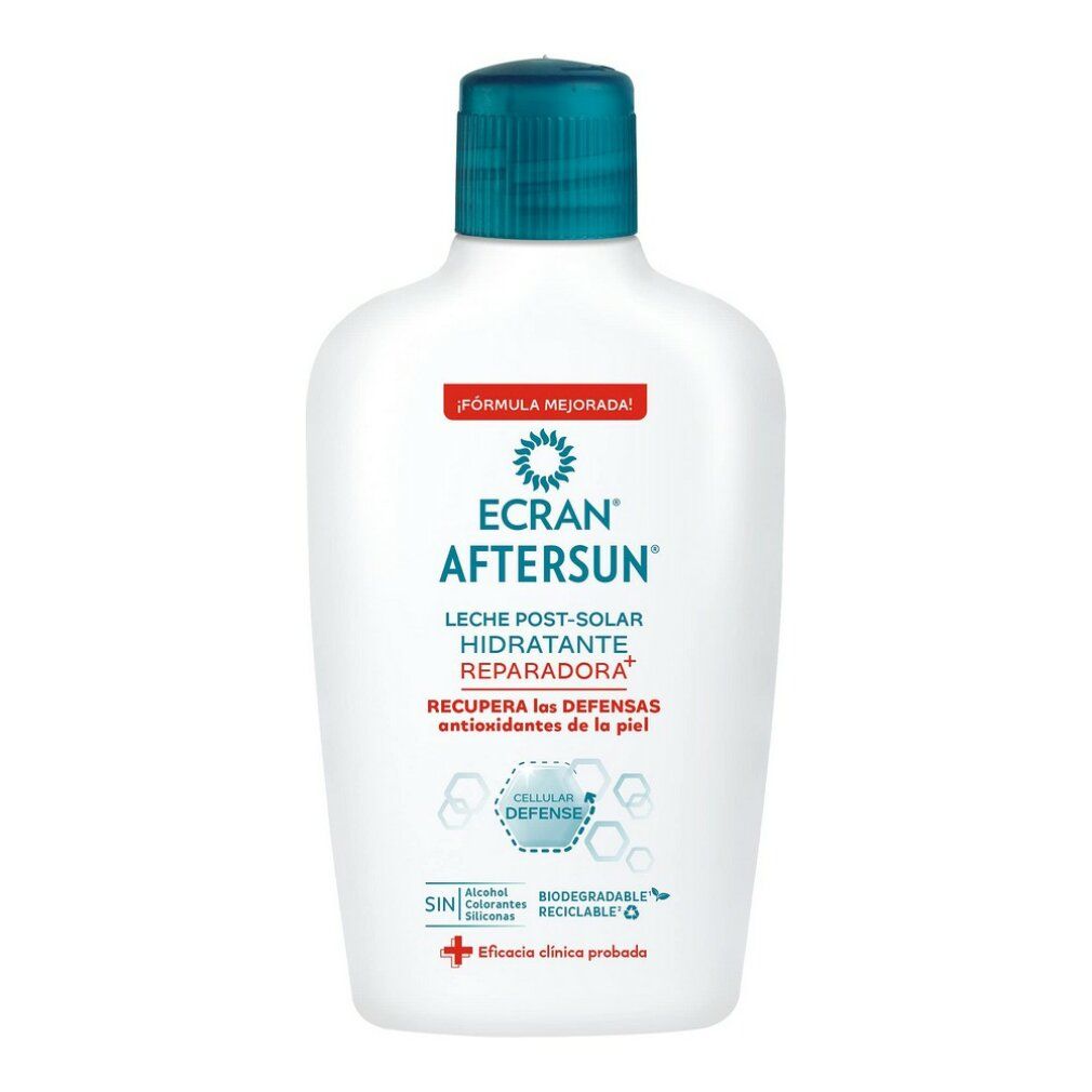 Weiße Flasche mit blauem Deckel. Aufschrift: ECRAN AFTERSUN, Lait post-solaire hydratante réparatrice. Mit 'Cellular Defense'.