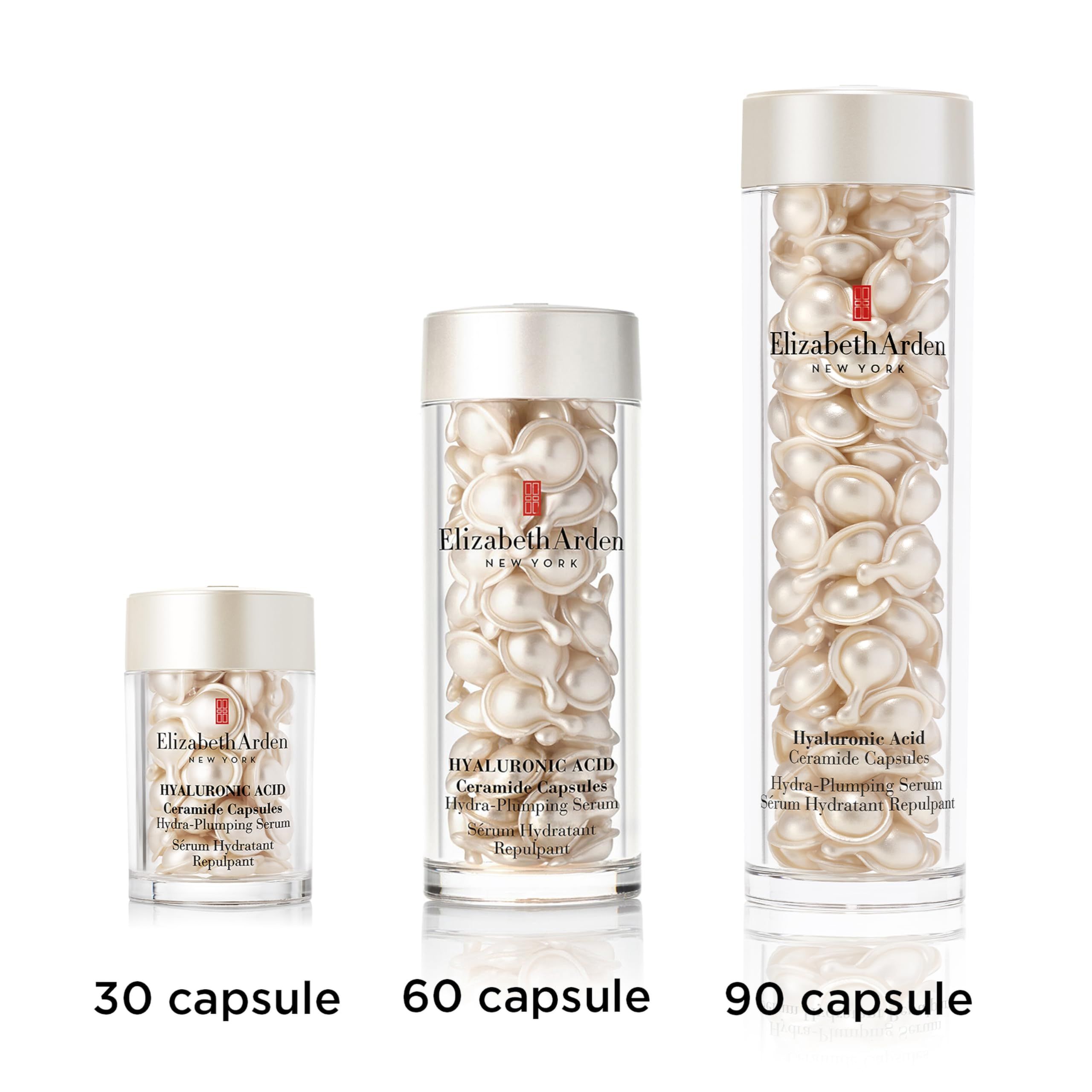 Drei Flaschen mit Kapseln. Aufschrift: Elizabeth Arden New York. Produktname und Inhaltsstoffe. 30, 60, 90 Kapseln.