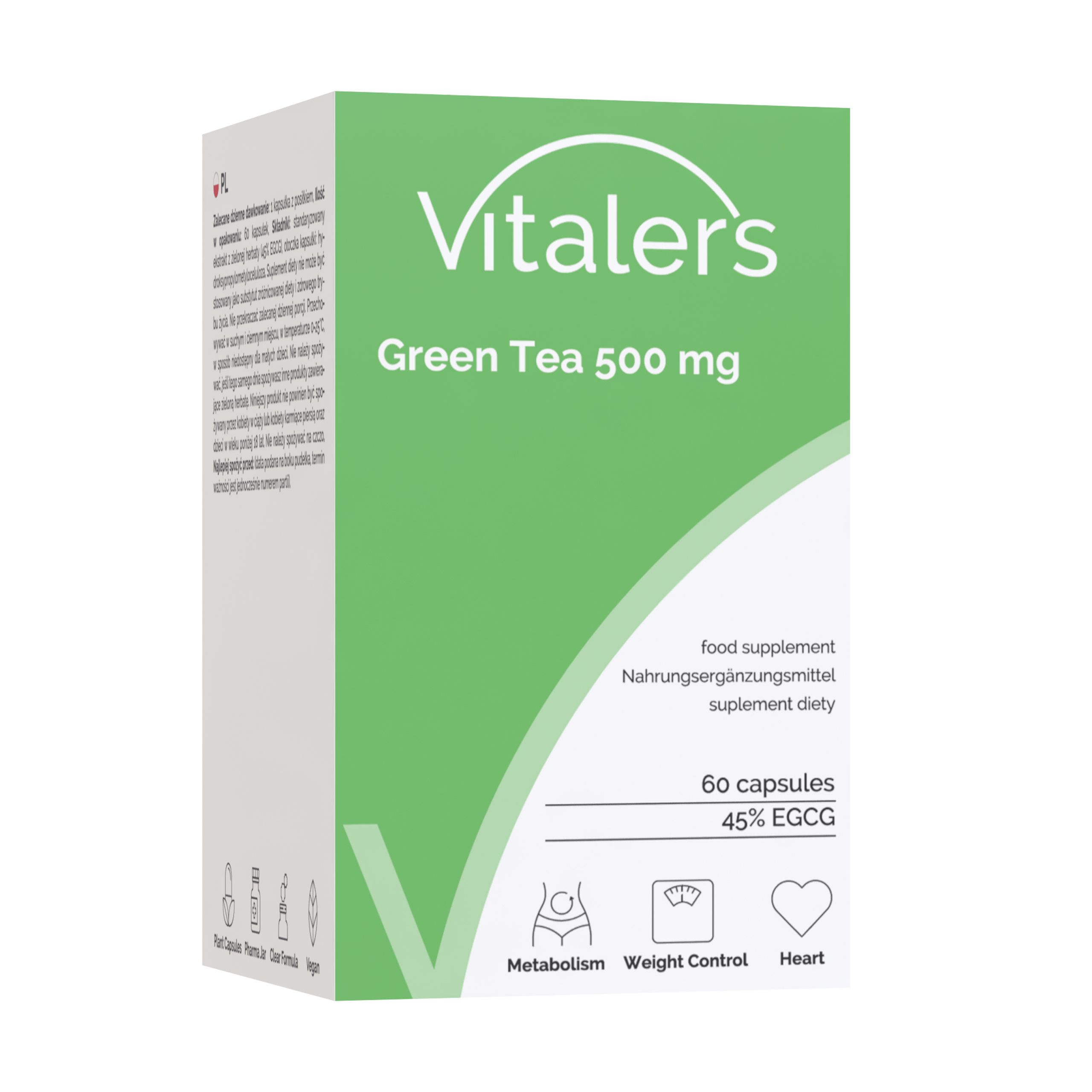 Verpackung von Vitaler's Green Tea 500 mg. Enthält 60 Kapseln mit 45% EGCG. Symbole für Stoffwechsel, Gewichtskontrolle, Herz.