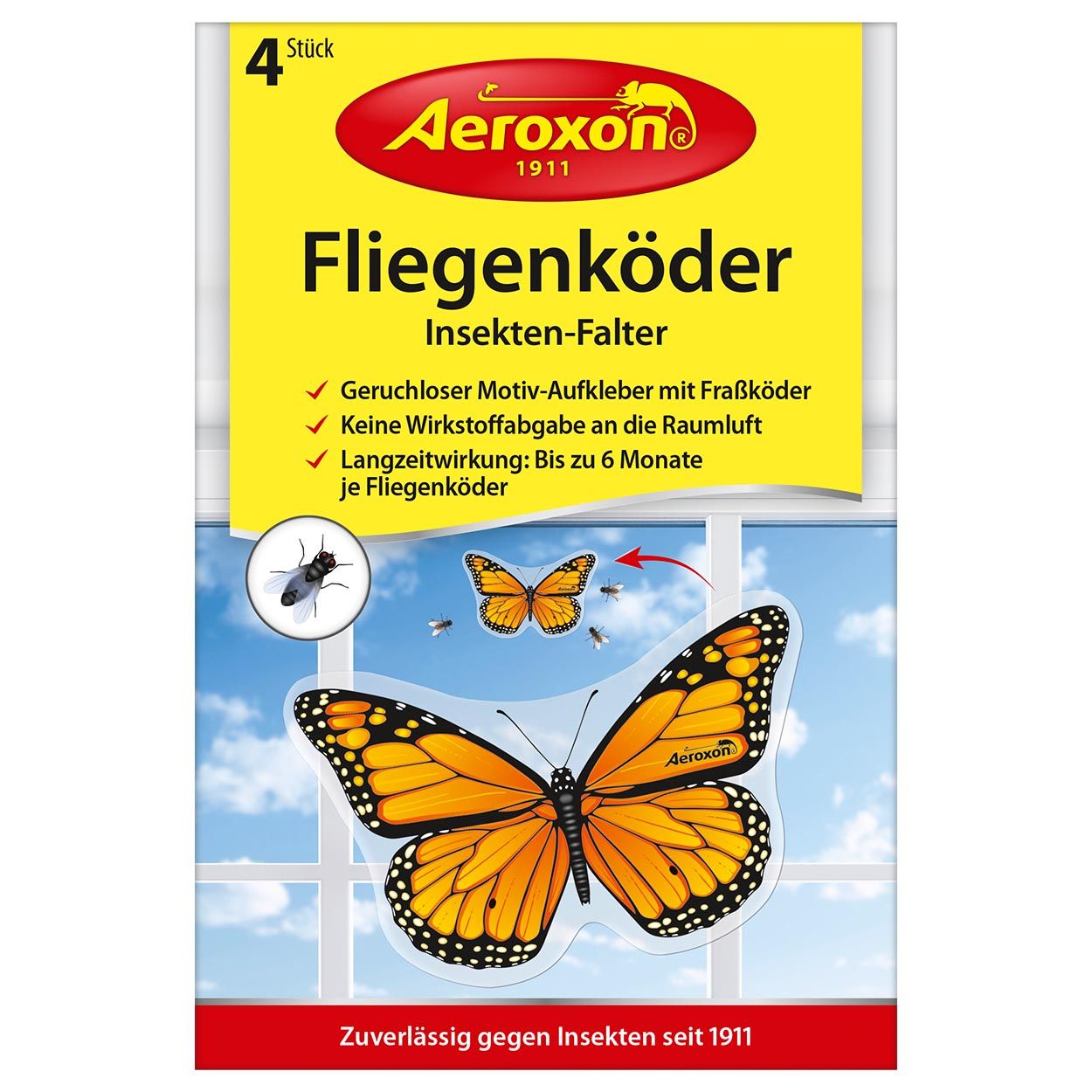 Verpackung mit 4 Fliegenködern. Gelbes Etikett mit Produktname, Marke Aeroxon und Schmetterlingsmotiv. Text: Zuverlässig gegen Insekten seit 1911.