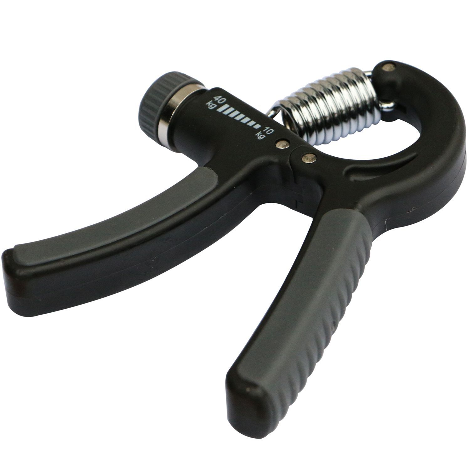 Schwarzer Handtrainer mit grauem Griff, Metallfeder und verstellbarem Widerstand. Nahaufnahme.