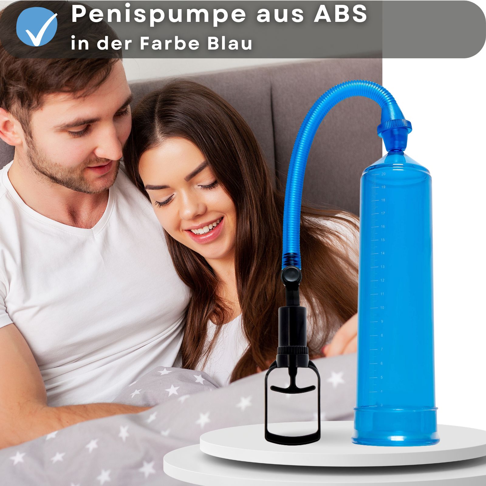 Blaue Penis-Pumpe mit Pumpgriff und Schlauch. ABS-Kunststoff. Für Männer.