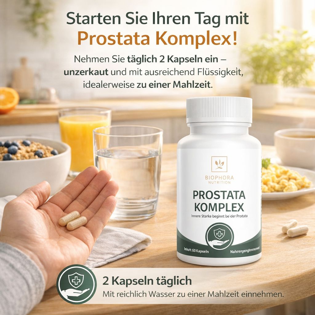 Weiße Flasche mit Kapseln. Aufschrift: Prostata Komplex. Hand mit Kapseln, Glas Wasser, Frühstück.