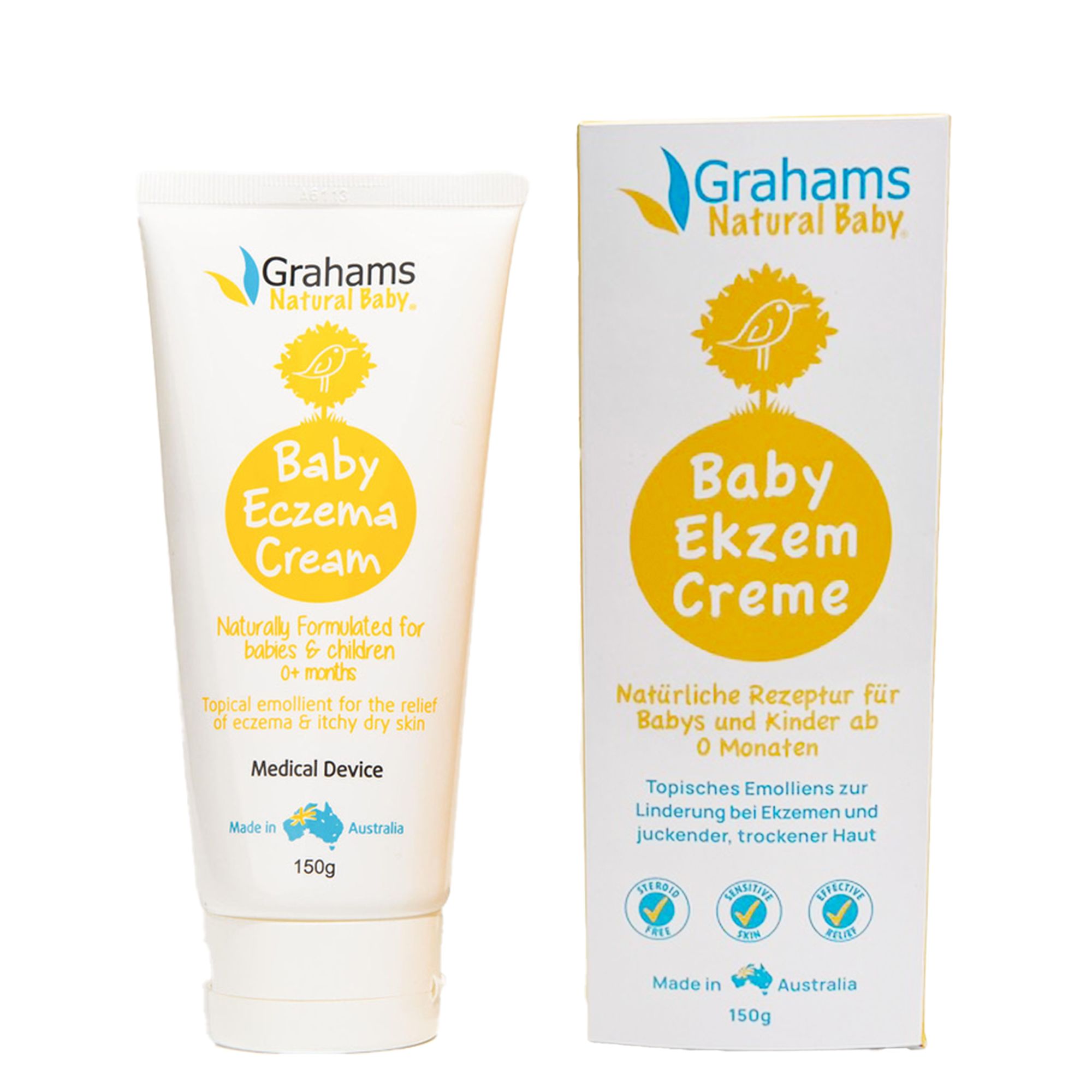 Creme-Tube und Schachtel. Text: Baby Ekzem Creme. Topische Emollient für Ekzeme und juckende, trockene Haut.