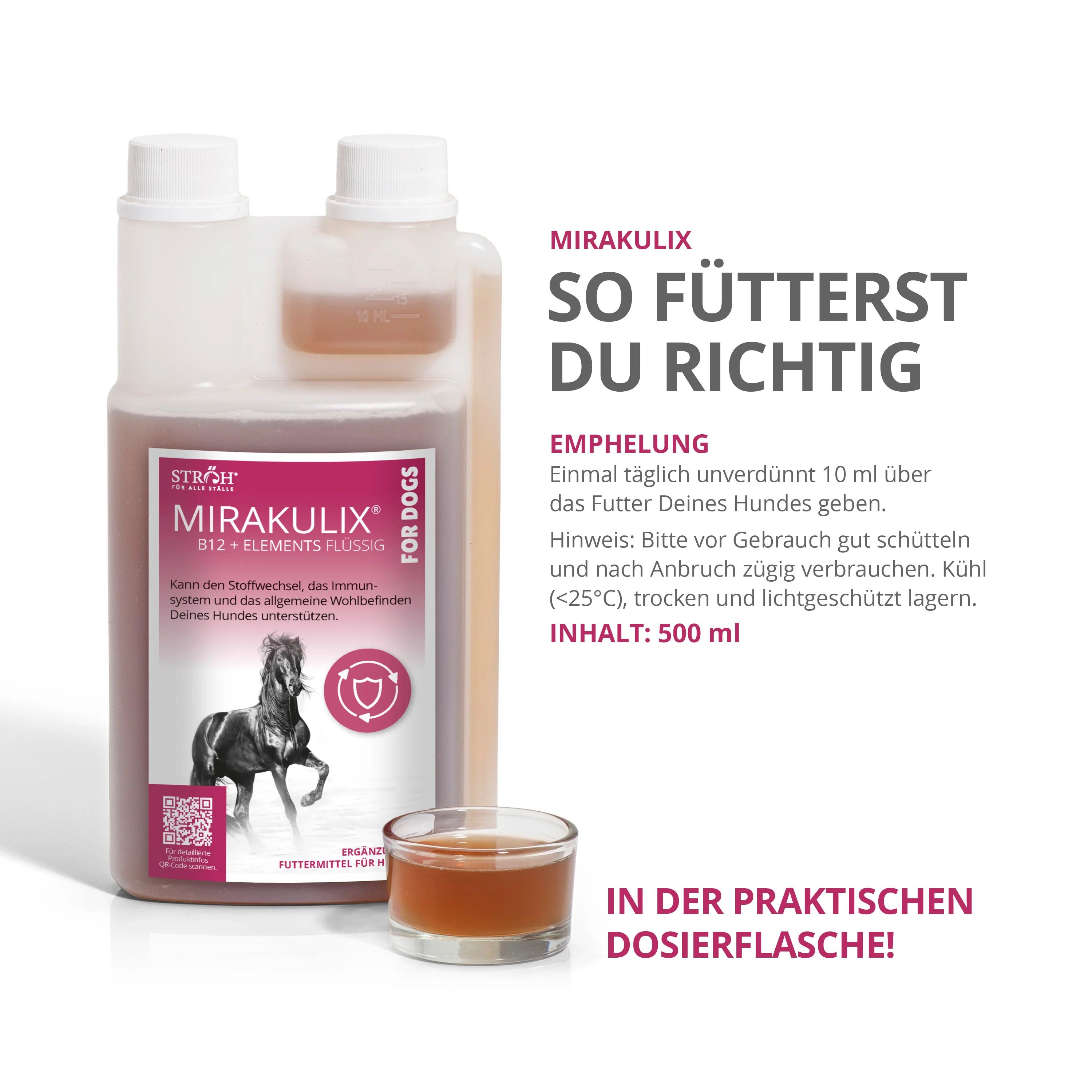 Dosierflasche mit Flüssigkeit und Becher. Etikett: MIRAKULIX B12+ELEMENTS FLÜSSIG. Ergänzungsfuttermittel für Hunde. Text: 500 ml.