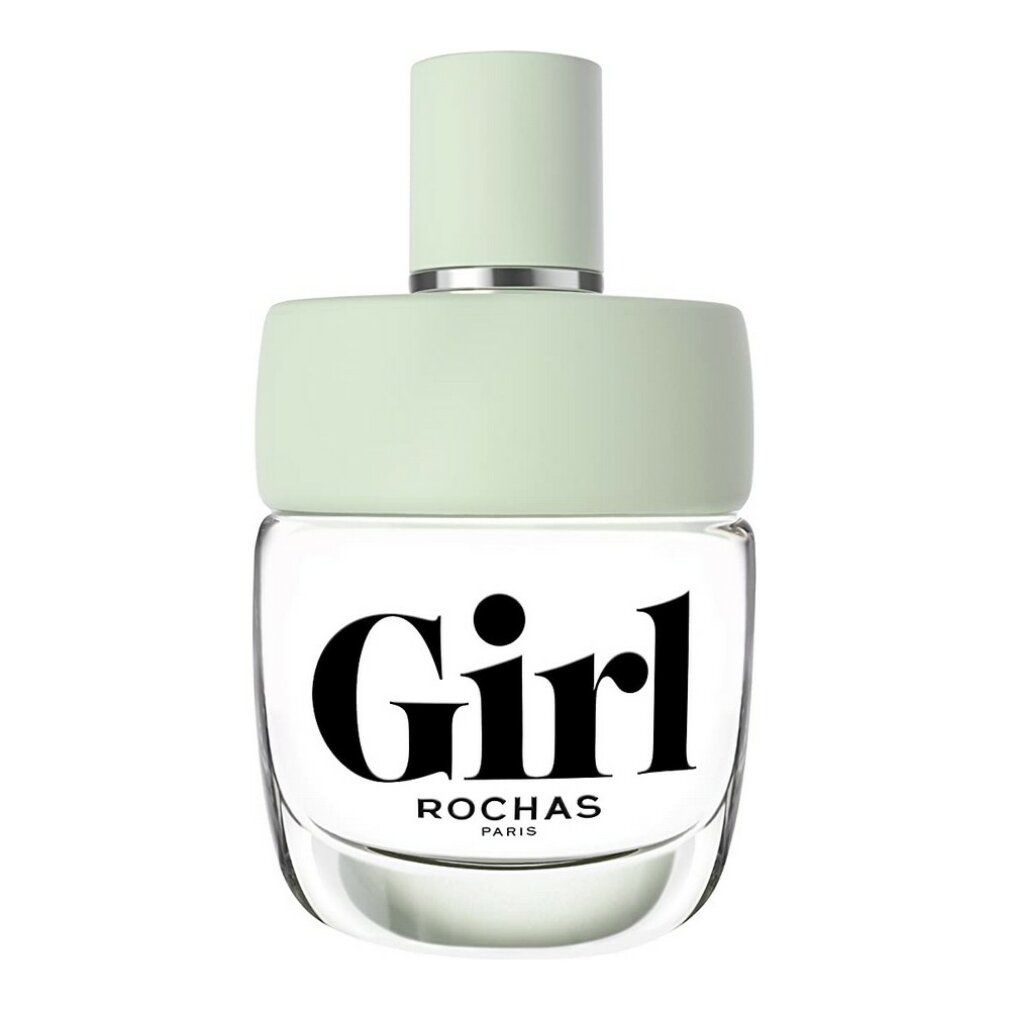 Glasflakon mit hellgrünem Verschluss. Schwarzer Schriftzug "Girl" und "Rochas".