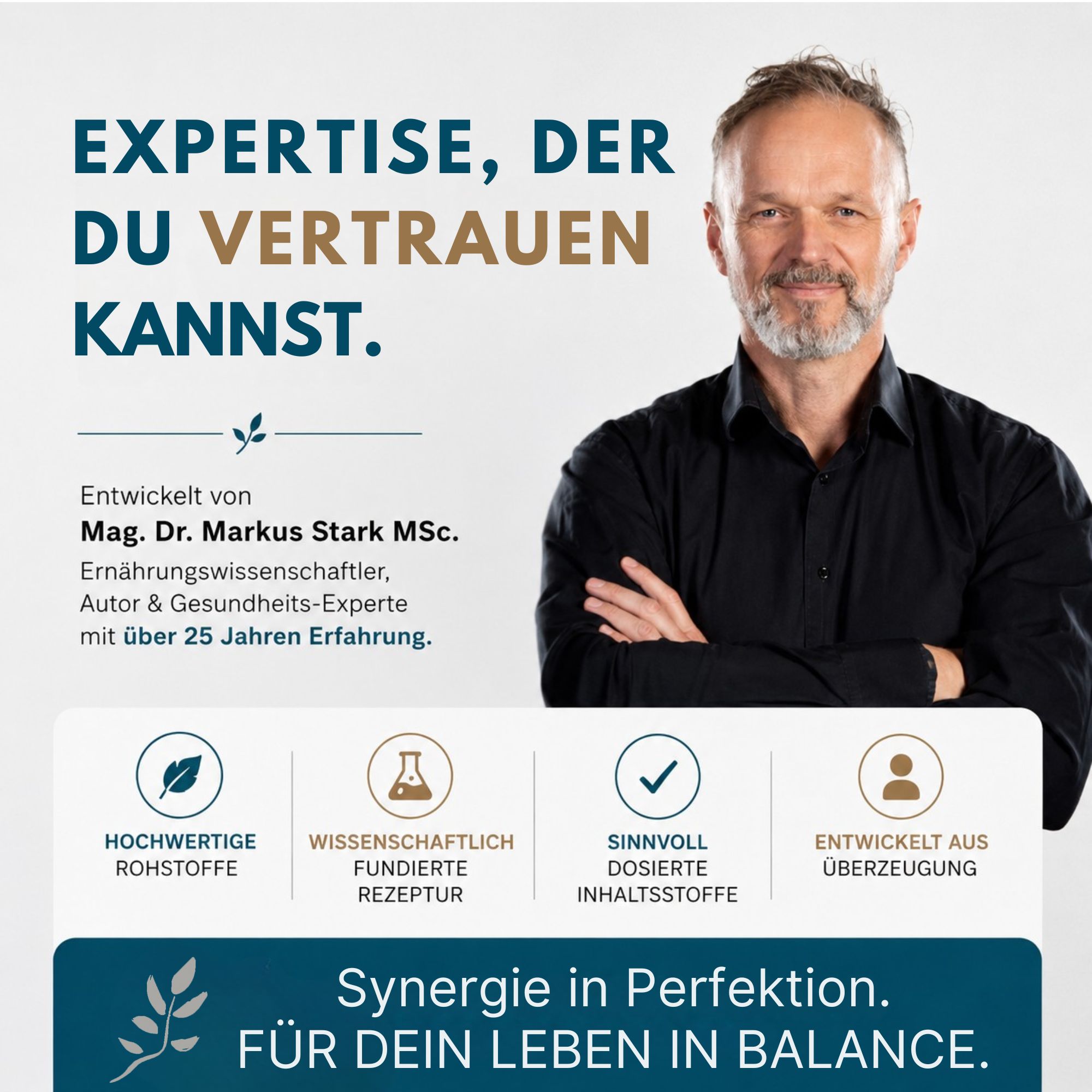 Mann mit Bart steht mit verschränkten Armen, Text über Expertise und Erfahrung.
