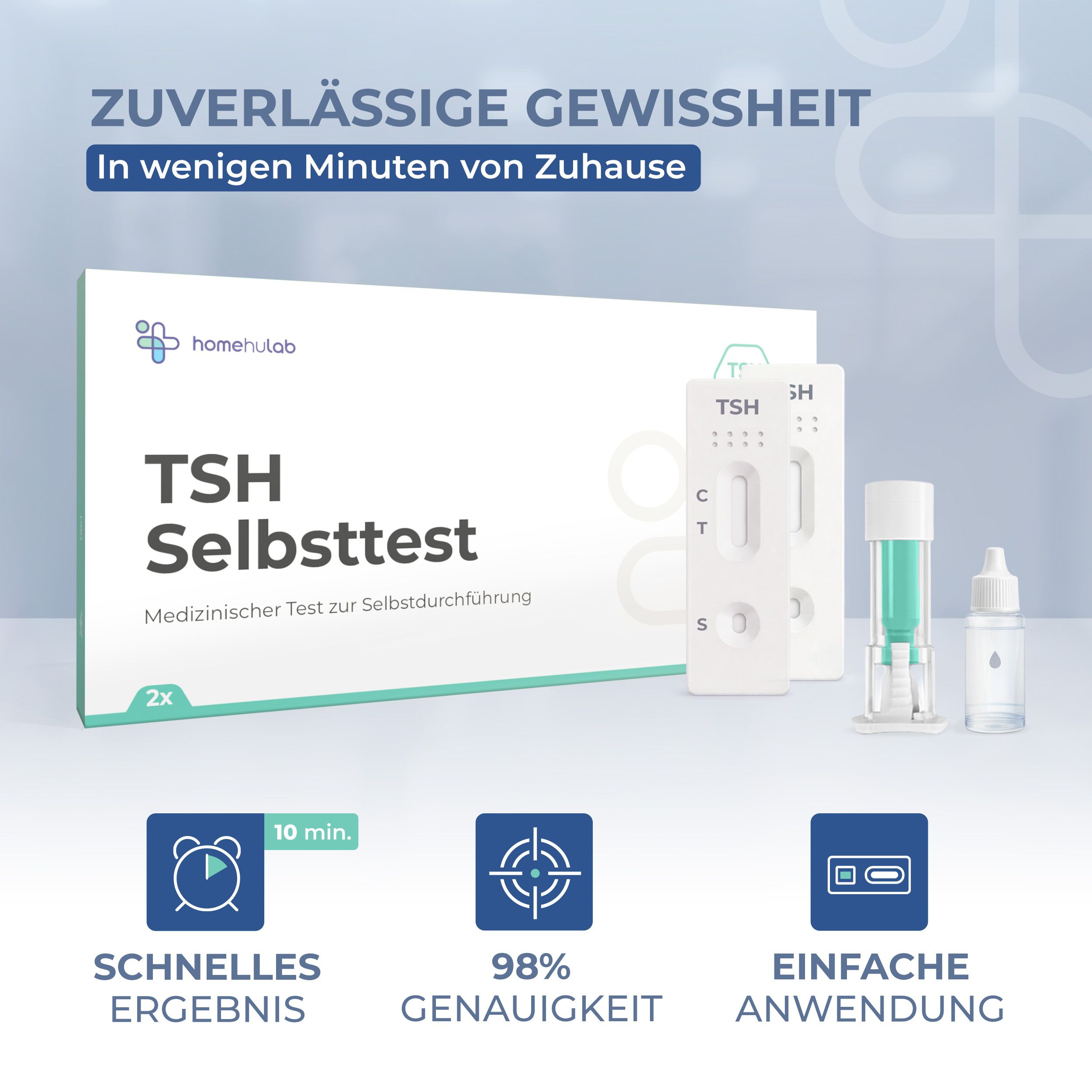 TSH Selbsttest-Box, Teststreifen, Fläschchen, Uhr-Icon. Schnelles Ergebnis, 98% Genauigkeit, einfache Anwendung.