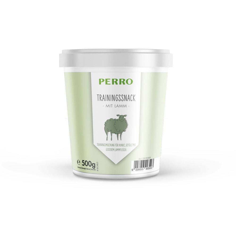 Behälter mit PERRO Trainingssnack mit Lamm. Grün-weißes Etikett mit Schaf-Illustration und 500g-Angabe.