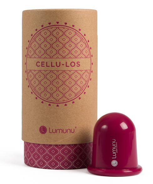 Magenta Anti-Cellulite-Sauger "Cellu-Los" neben Verpackung. Zylinderförmige Pappschachtel.