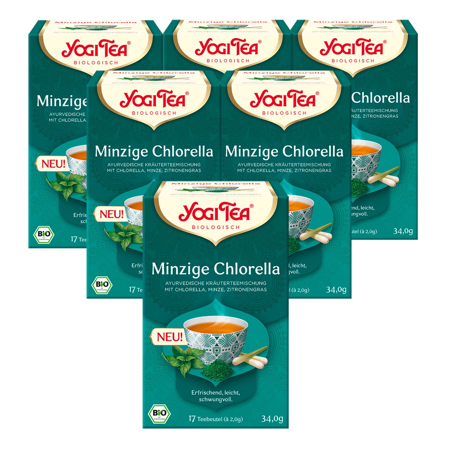 Mehrere Packungen Yogi Tea Minzige Chlorella. Grüne Verpackung mit Logo und Produktbezeichnung. Bio-Siegel.